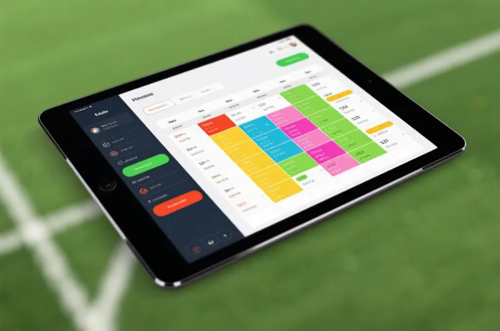 A modern tablet interface displaying colorful sports data tables and match schedules