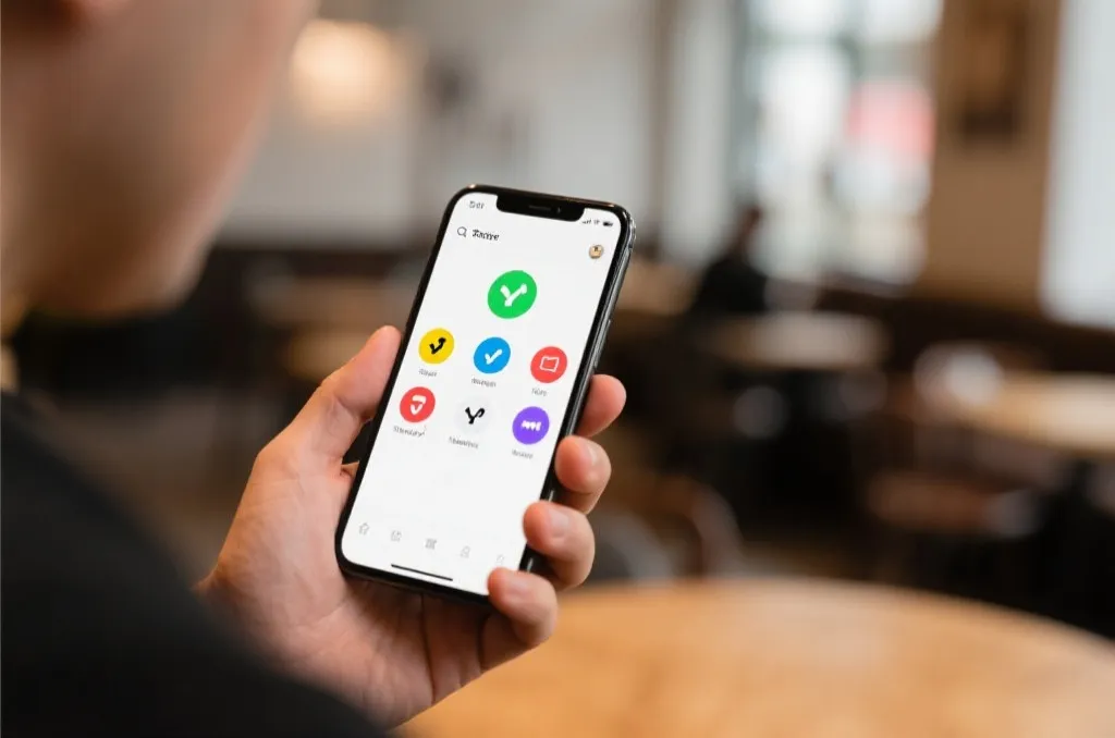 A person holding a sleek modern smartphone in a cozy cafe, displaying a clean user interface with colorful sports notification badges, soft background blur, professional photography