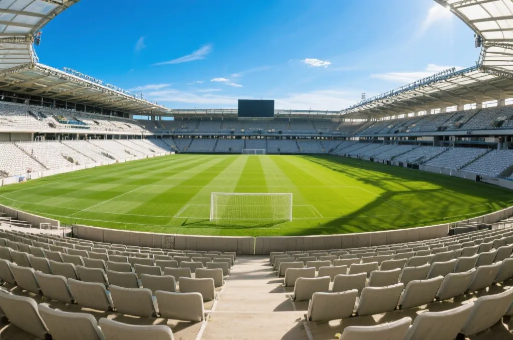 An empty professional sports stadium with lush green grass field under a sunny blue sky, editorial style, realistic lighting